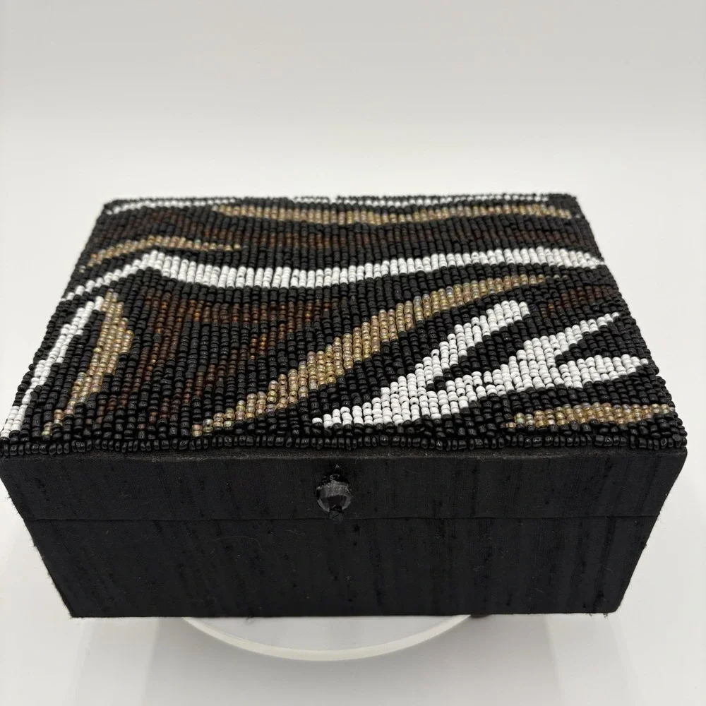 Vintage Handmade In India Black Beaded Jewelry Box 7